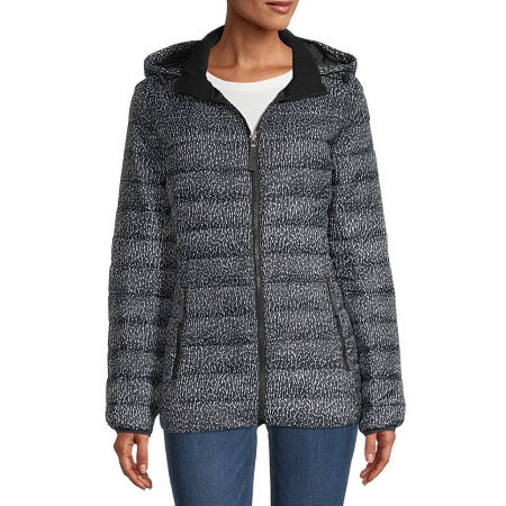 St. John's Bay Puffer Jacket Black White Packable Size Petite Small